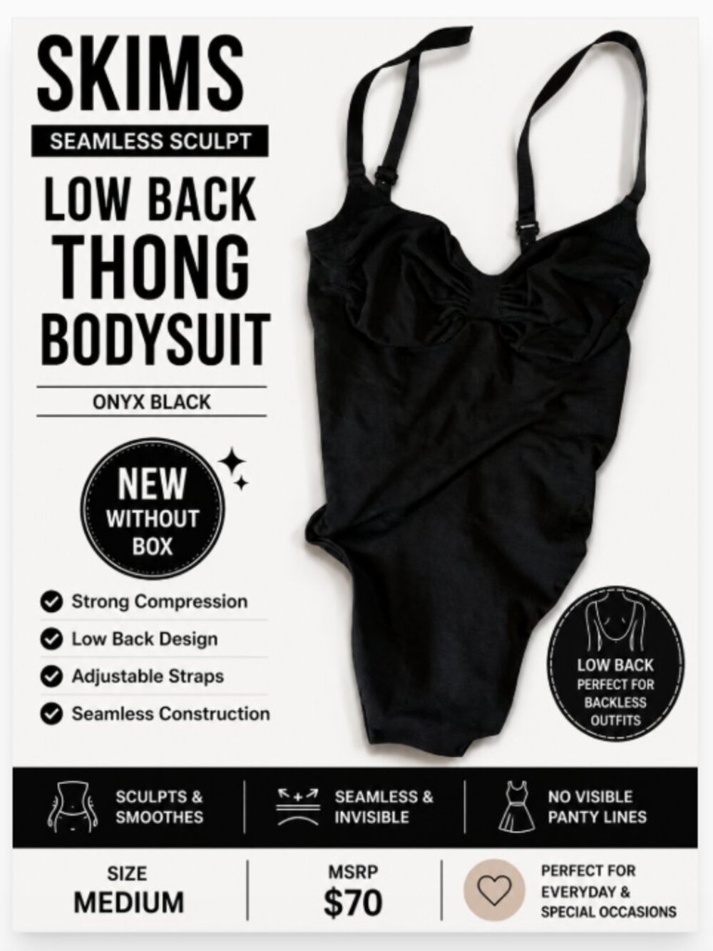 SKIMS Seamless Sculpt Low Back Thong Bodysuit Black Sz Medium NWOB Shapewear